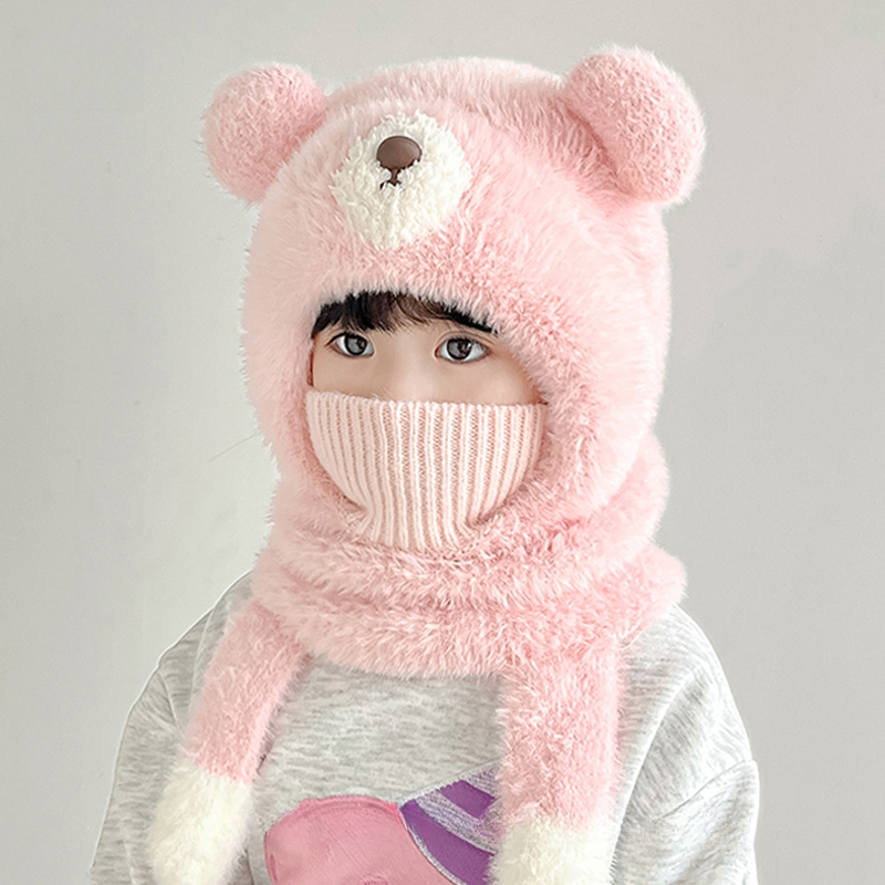 儿童帽子围巾口罩一体冬季保暖加厚男童女童宝宝小熊女童护耳秋冬