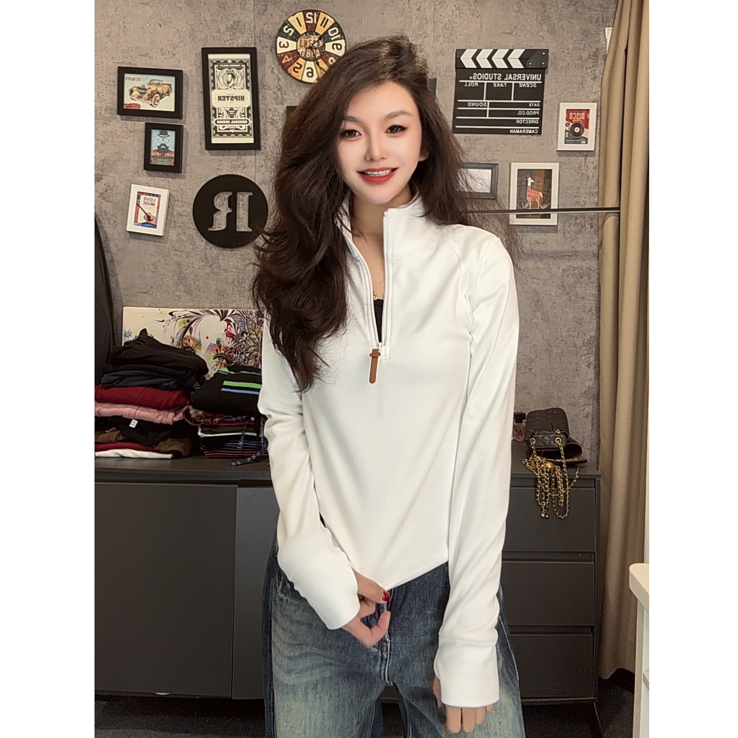 秋冬加绒高领半拉链双面德绒纯色长袖T恤女修身显瘦舒适柔软上衣