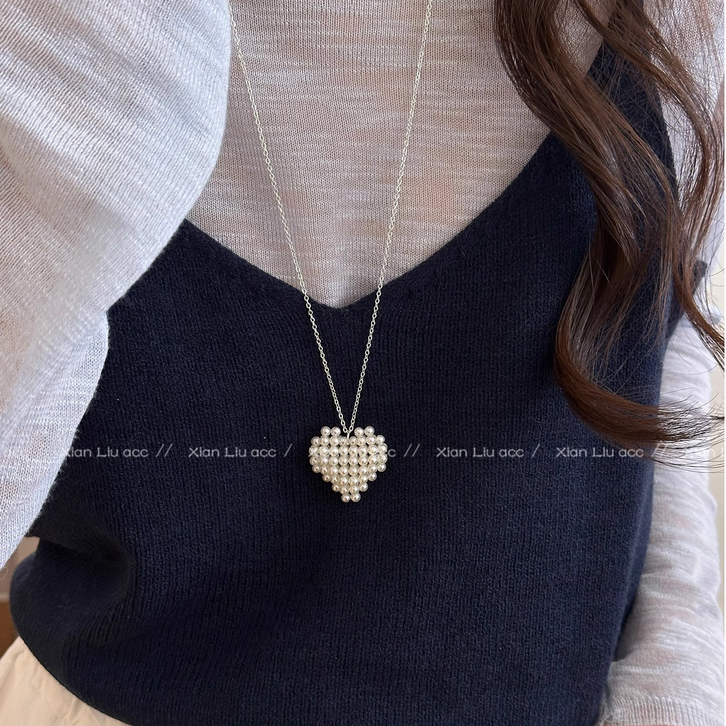 铜合金项链 银色珠珠爱心长款项链锁骨链轻奢百搭小众高级感配饰