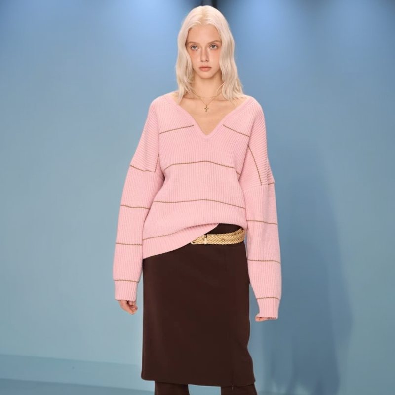 美式宽松V领毛衣女秋冬撞色百搭针织衫厚款老钱风洋气外穿减龄潮