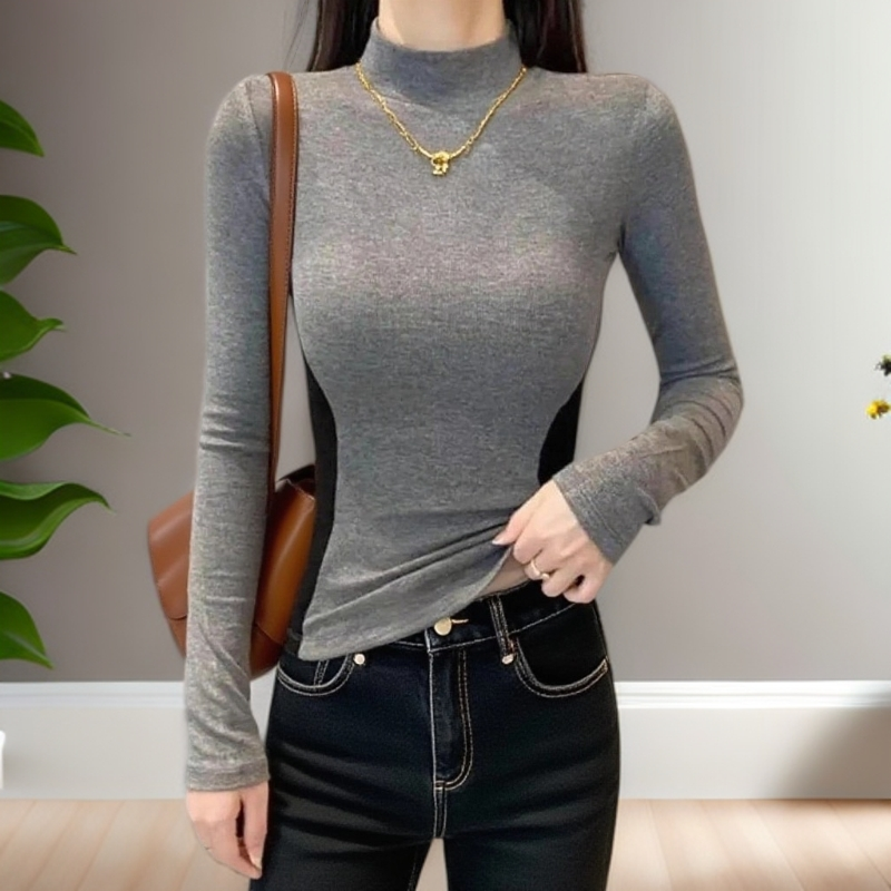 小众正肩秋冬德绒百搭长袖修身半高领显瘦收腰打底衫女灰色t恤