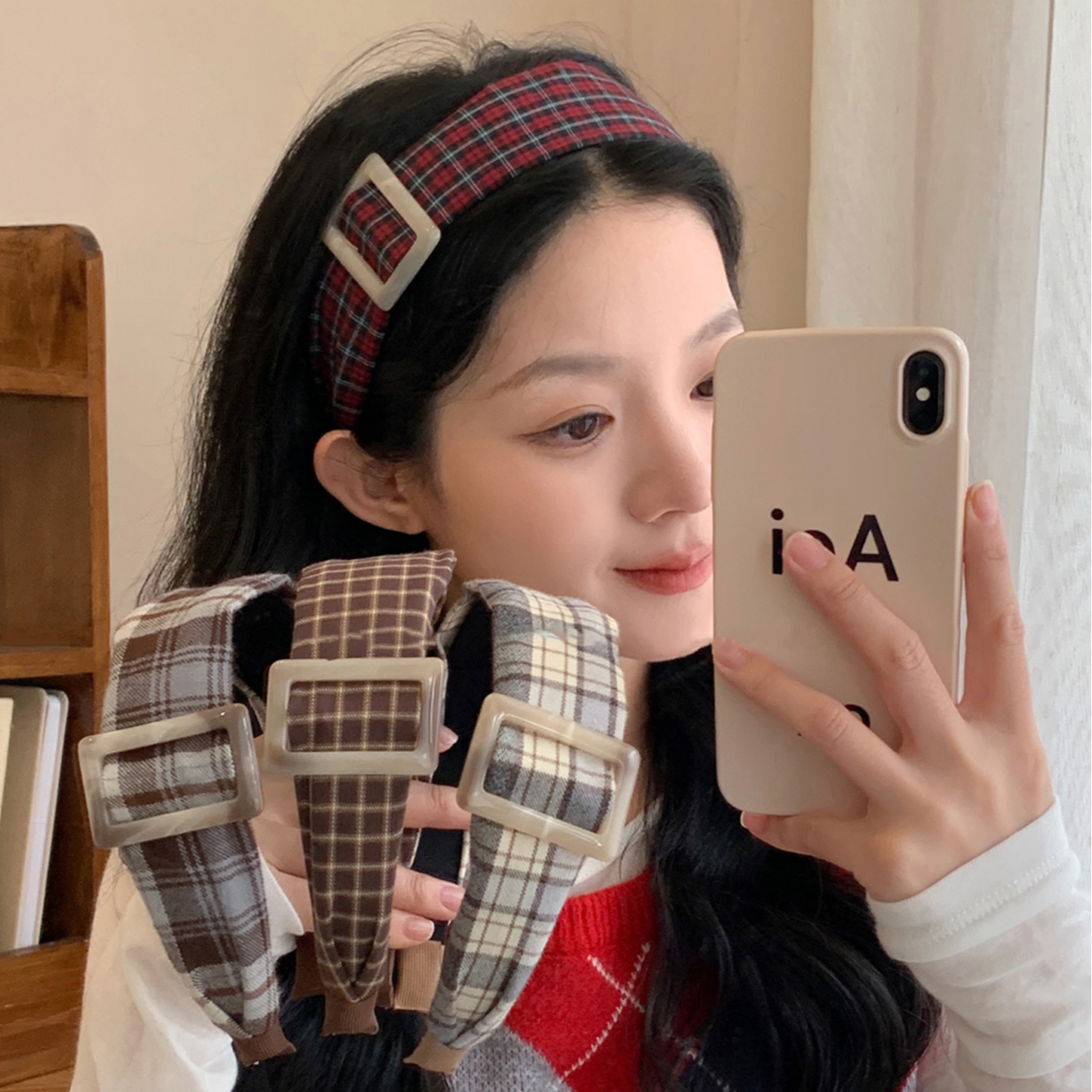 韩系方扣格纹宽边发箍女款高级感洋气时尚头箍日常外戴高颅顶发饰