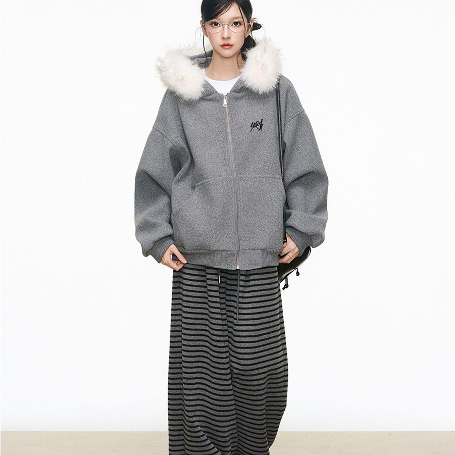 炽铂2025新款 巨好看毛领毛呢外套女慵懒感休闲时尚日常百搭连帽