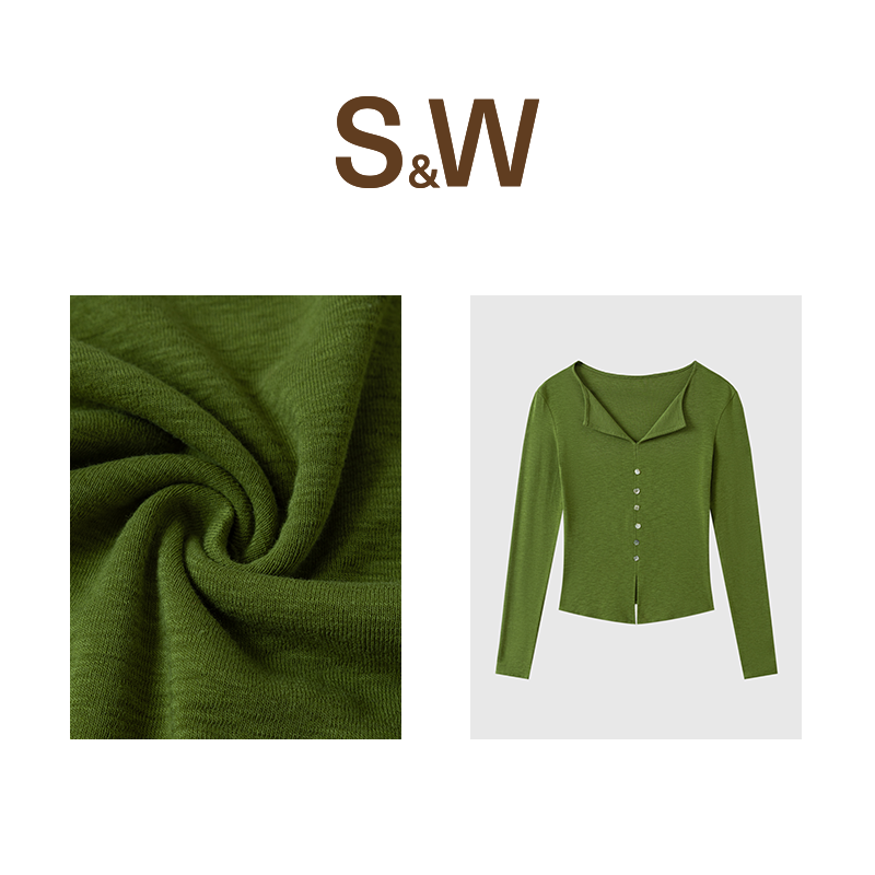 SW拼接翻领针织长袖毛针织衫秋季上衣开衫4570