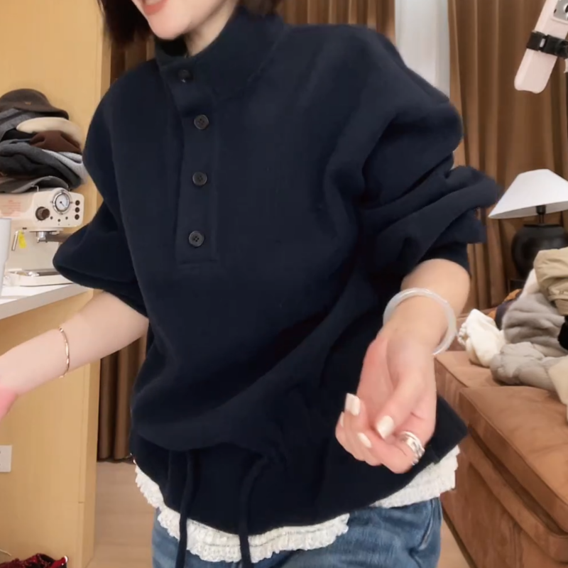 冬季韩版冬款极简百搭四粒扣抽绳下摆撞色卫衣LK2509113