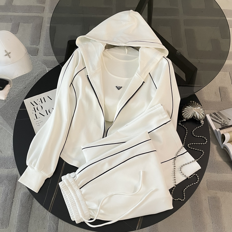 春秋新品休闲运动套装女春2025款洋气显瘦白色连帽卫衣三件套6008