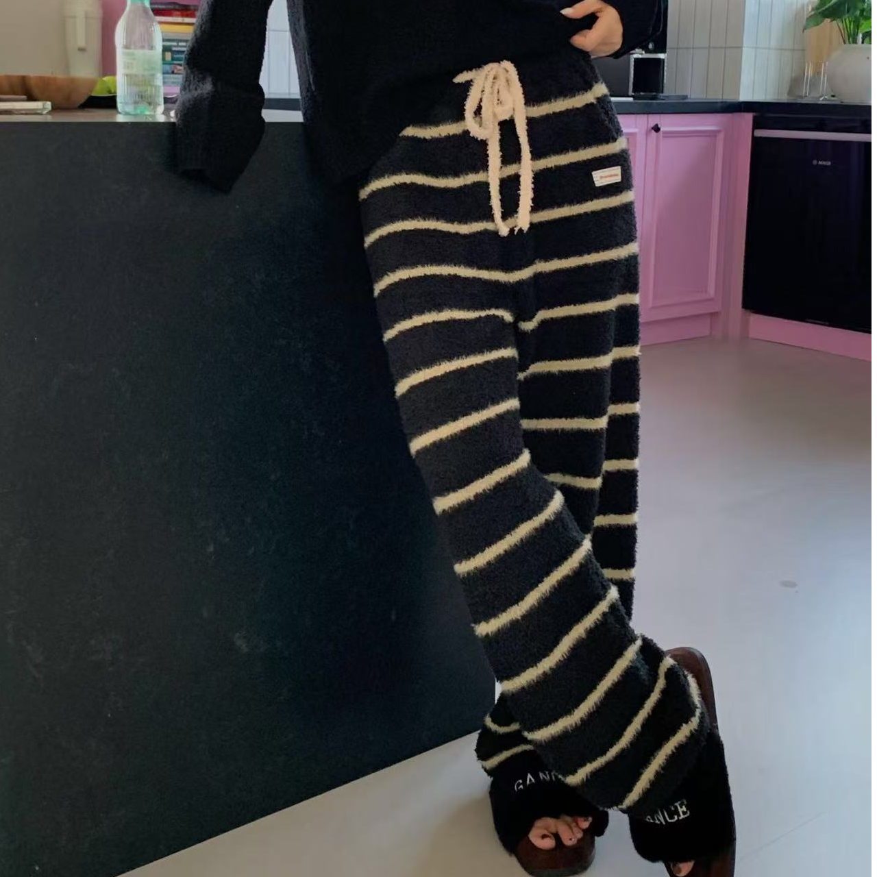 杜小宅超软糯暖宝宝半边绒羽毛纱条纹家居休闲裤可外穿条纹靴子裤