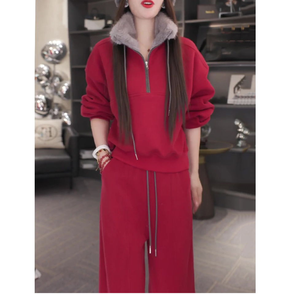 时尚韩版休闲套装女秋冬新款气质加厚宽松显瘦洋气加绒上衣+长裤