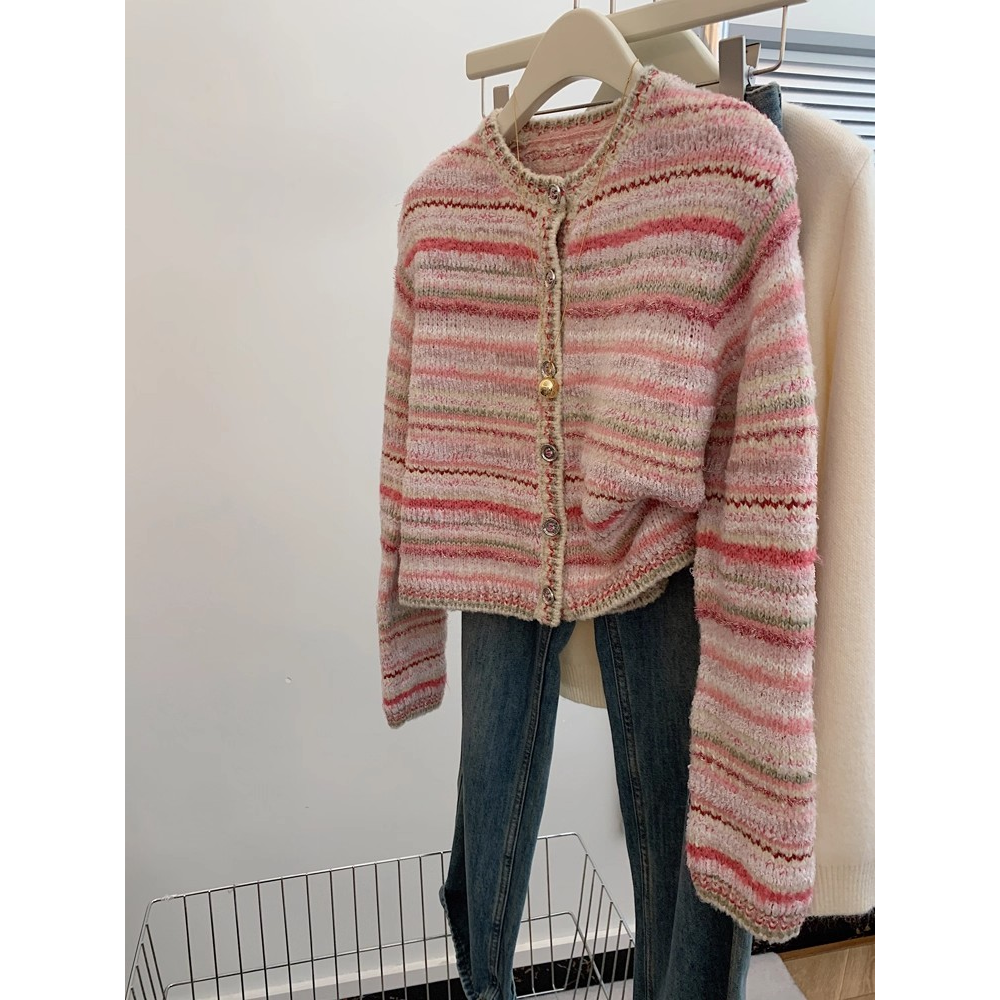 小香风彩虹条纹针织开衫毛衣外套2025秋季宽松软糯慵懒风气质上衣