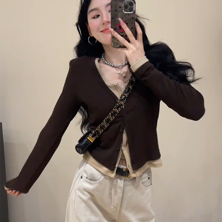独特漂亮咖色V领假两件打底T恤女初秋超好看短款内搭气质长袖上衣