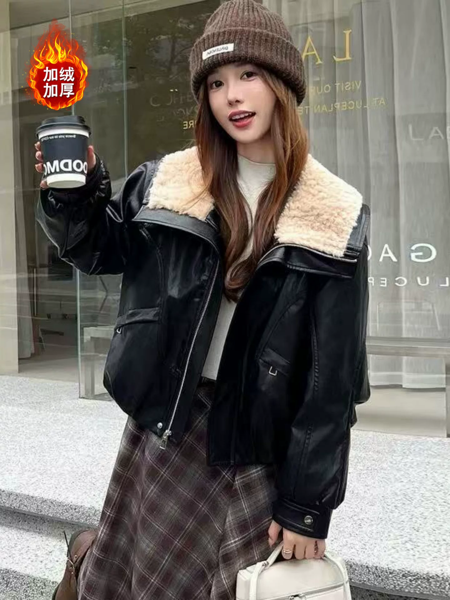 加绒秋冬毛领皮衣2025新款女士加厚短款宽松洋气机车外套翻领冬季