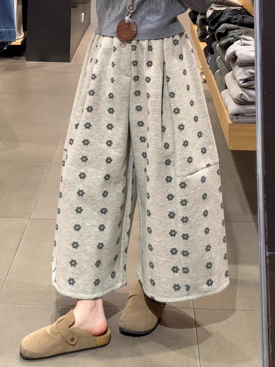 韩版时尚宽松百搭复古花朵休闲裤女2026新款秋冬高腰阔腿裤八分裤