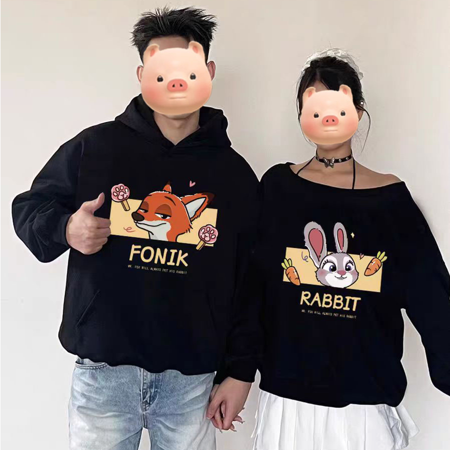 复古街头情侣装斜肩卫衣2025新款超好看的疯狂动物城印花百搭卫衣