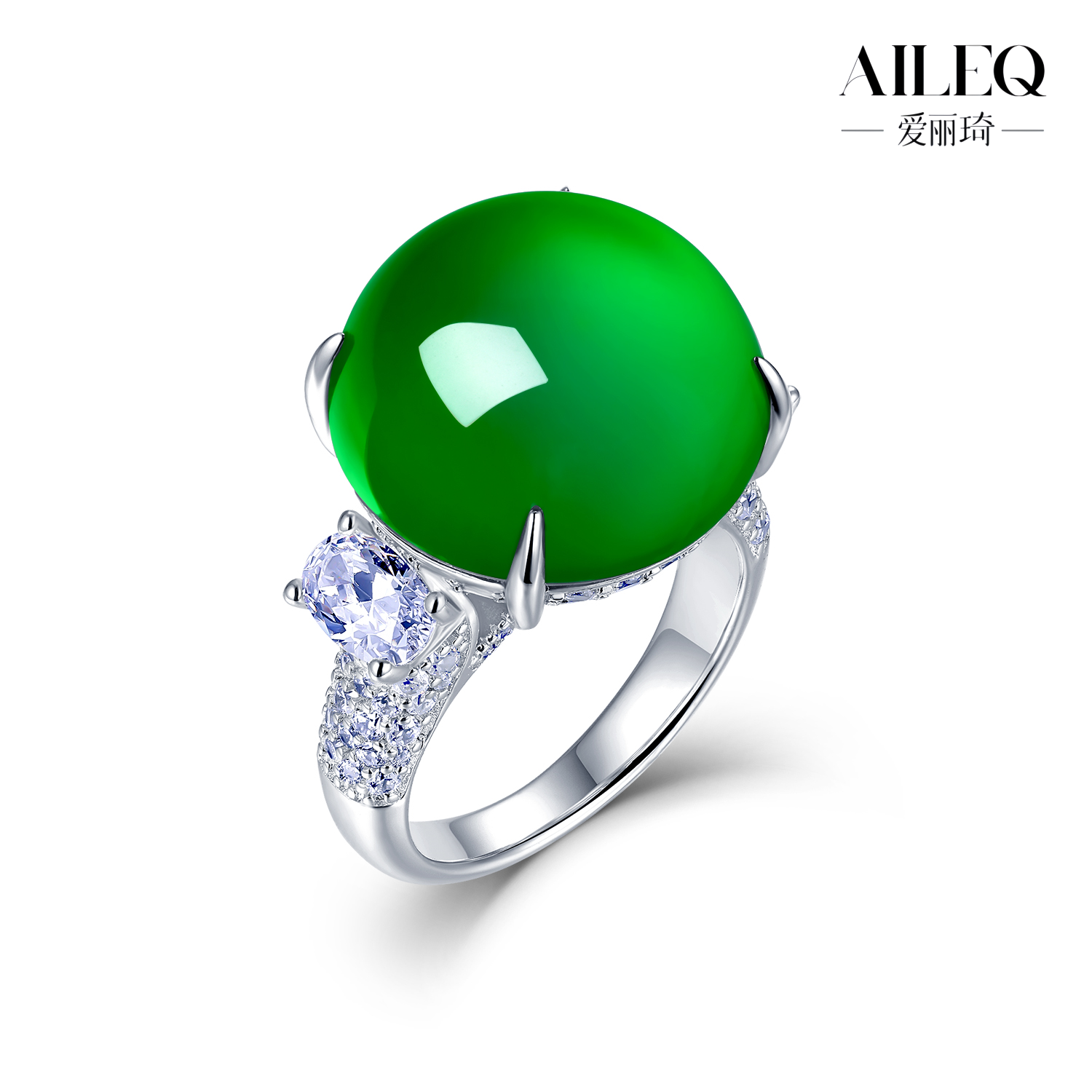 AILEQ925银镶天然玉髓满绿鸽子蛋双钻欧若风戒指珠宝明星同款饰品