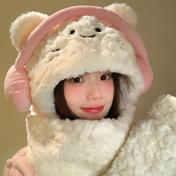 可爱耳机猫咪帽子围巾一体女冬季2025新款加绒加厚防寒保暖毛绒帽