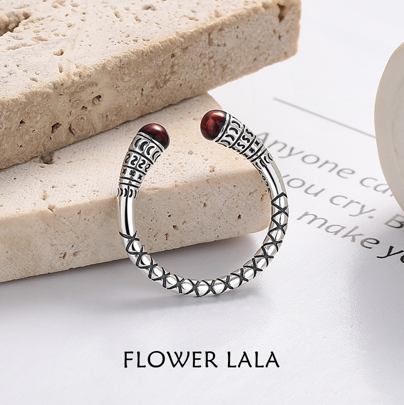 925银戒指 LALA丨《火柴头》复古做旧金箍棒戒指小众红色指环开口戒