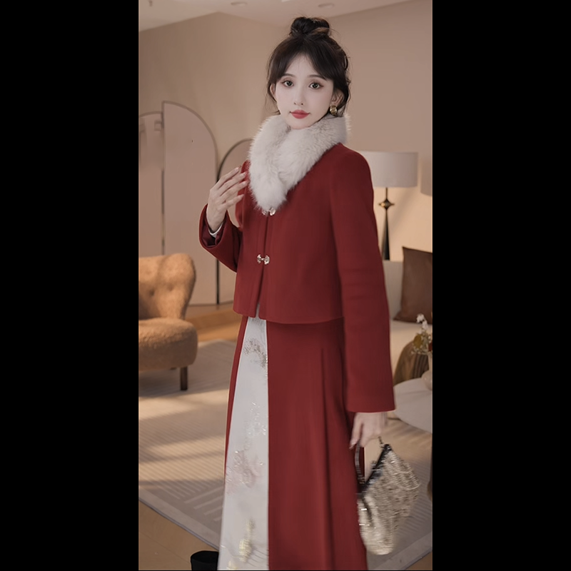 【新年快乐】红色新中式国风套装女秋冬新款气质外套显瘦百搭马面裙