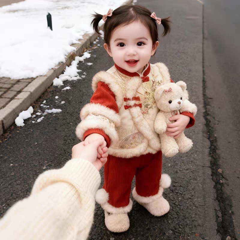 新中式国风年服女童小棉袄套装儿童喜庆过年衣服周岁礼服拜年衣服