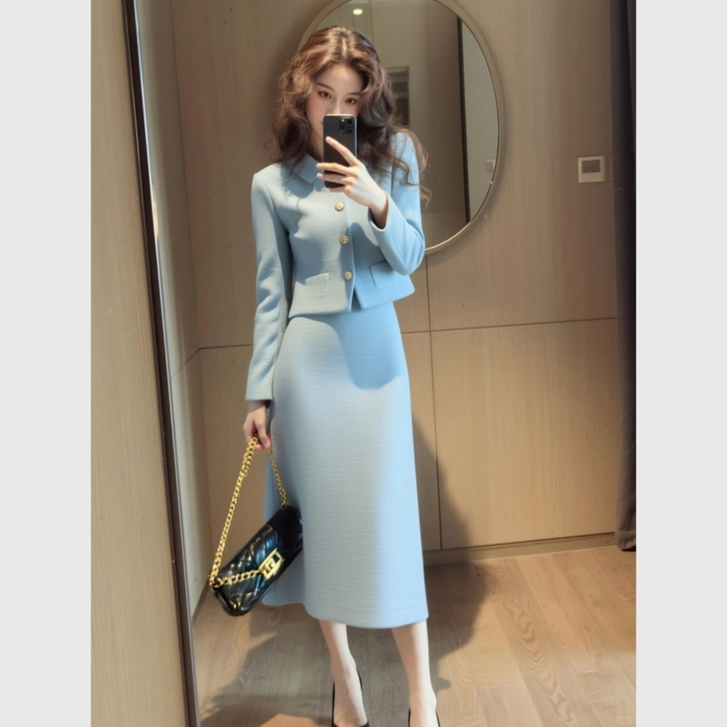 女装洋气时髦气质名媛小香风蓝色外套半身裙冬季炸街一整套女装