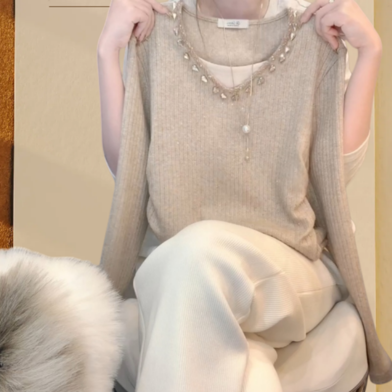 秋冬新款假两件重工时尚长袖针织衫设计感V领上衣女装LK2508098