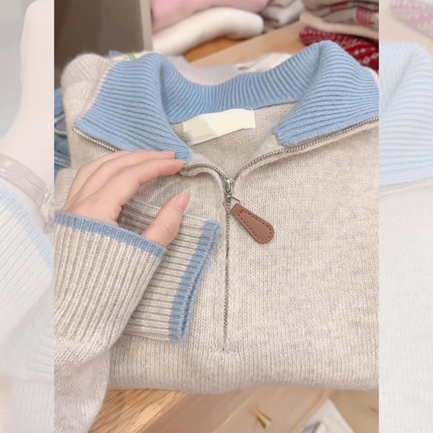 灰色半拉链翻领修身针织衫毛衣慵懒高级感女秋季新款韩系穿搭上衣