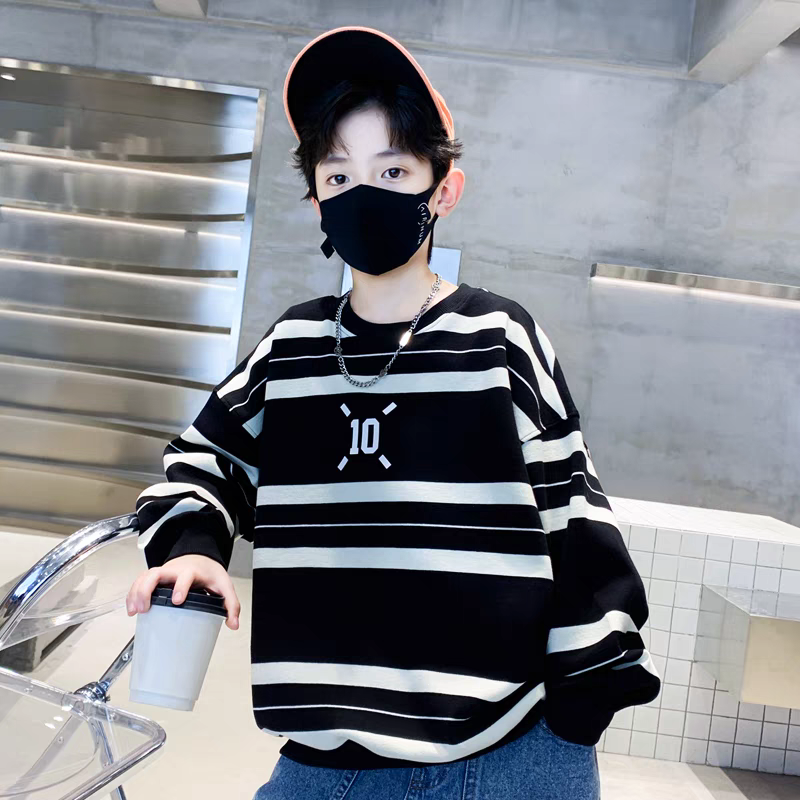 2025新款男童儿童加绒卫衣秋款男孩宝宝衣服爆款条纹炸街痞帅上衣