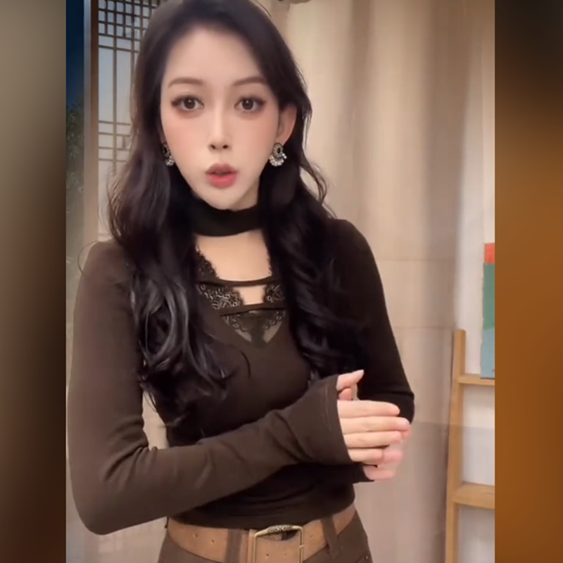 冬季纯欲风内搭显瘦蕾丝拼接v领长袖加绒挂脖T恤女修身打底衫上衣