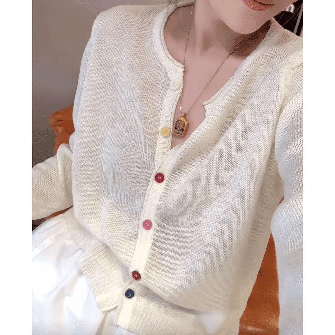 早秋流行搭配穿搭女小众温柔风彩色单排扣薄款毛针织衫长袖上衣潮