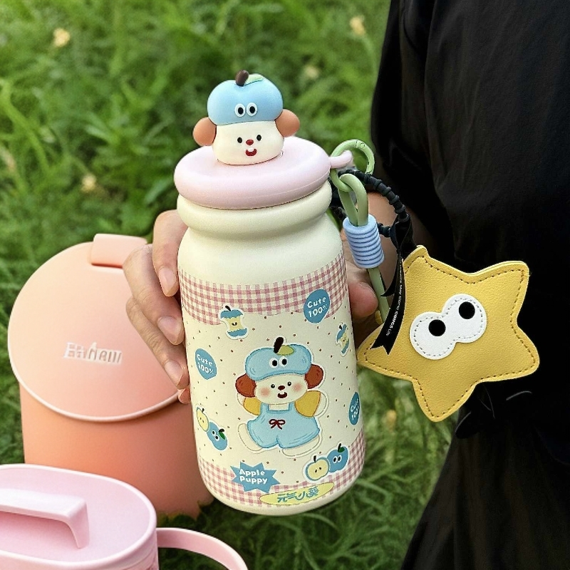 苹果小狗保温杯女大容量2025新款学生可爱水杯带吸管杯子手提便携