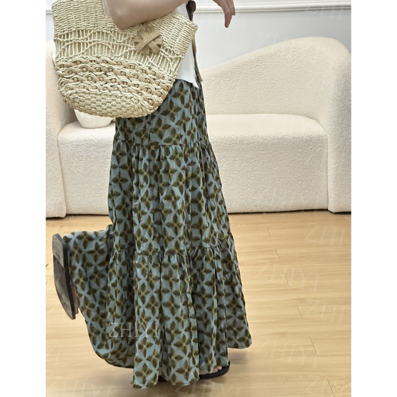 复古民族风印花拼接大码宽松A字长裙2025秋季新款洋气松紧腰半裙