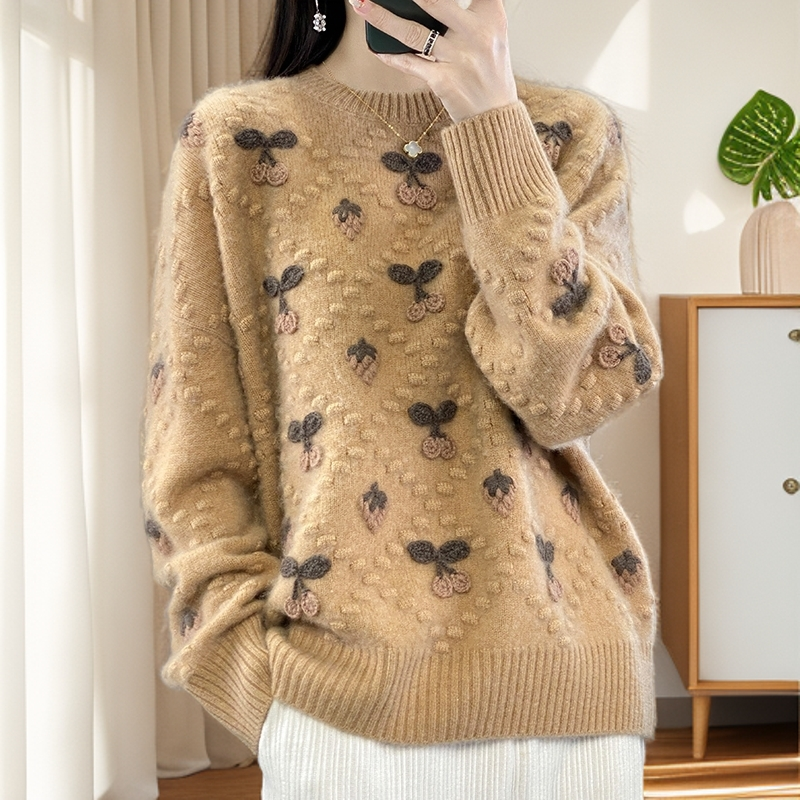 鄂尔多市宽松慵懒风纯100羊毛衫女秋冬圆领毛衣内搭羊绒打底衫女