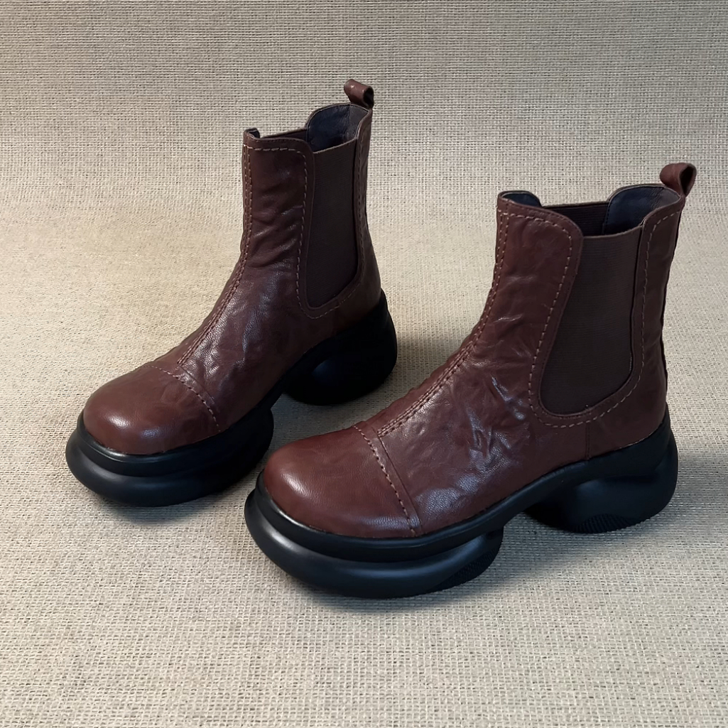 RubyL/6cm简约休闲通勤复古百搭舒适拼接圆头松糕厚底马丁靴女款