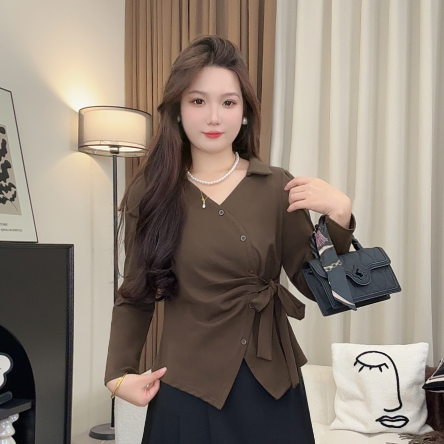 小个子时尚长袖衬衫女2025秋季新款洋气收腰显瘦纯色扣子系带上衣