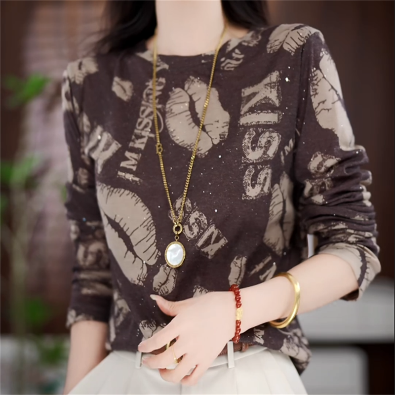 时尚印花圆领长袖T恤2025早秋新款Z休闲百搭中年女装显瘦减龄上衣