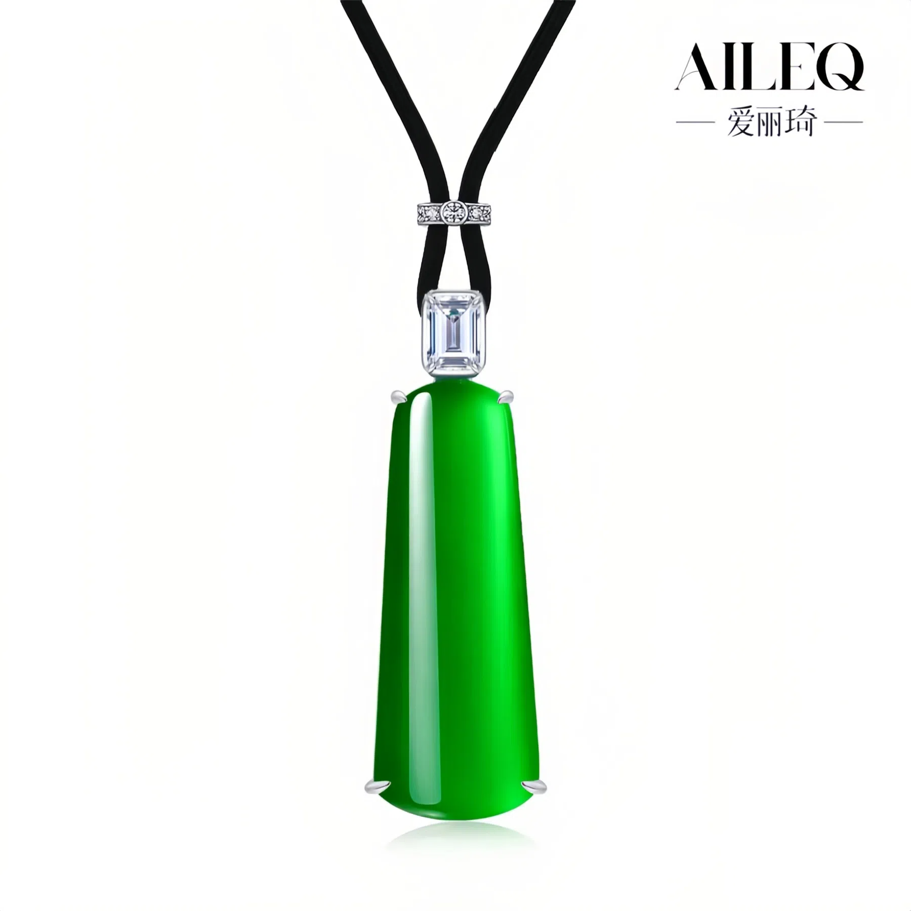 AILEQ925银天然玉髓满绿柱方财平安无事牌吊坠时尚珠宝欧若风项链