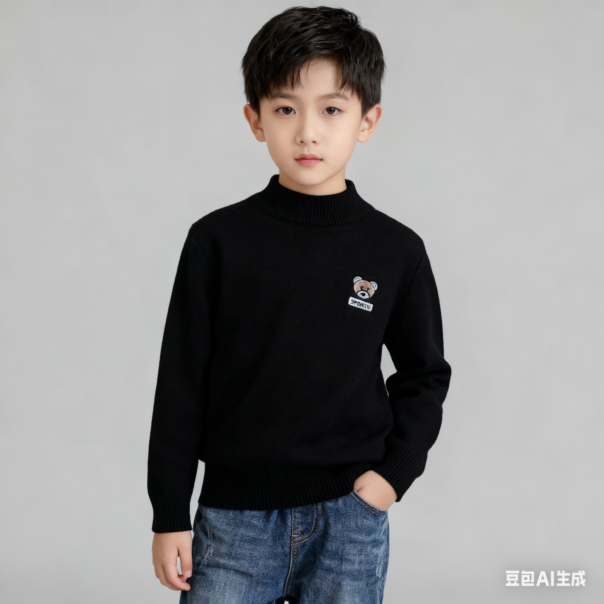 2025新款儿童秋冬款加绒毛衣男童中童圆领长袖上衣刺绣小熊毛衣