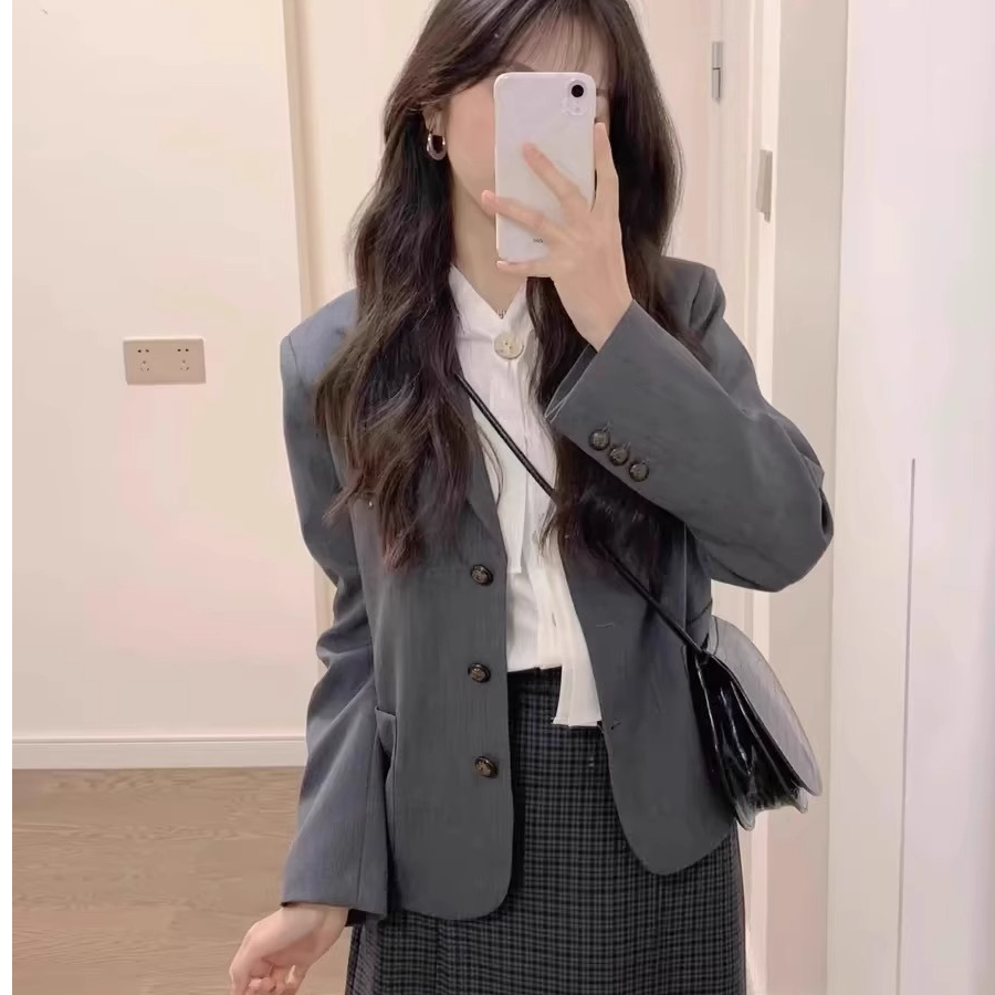 灰色西装外套女2025新款春秋休闲气质名媛高级感小个子超火西服短
