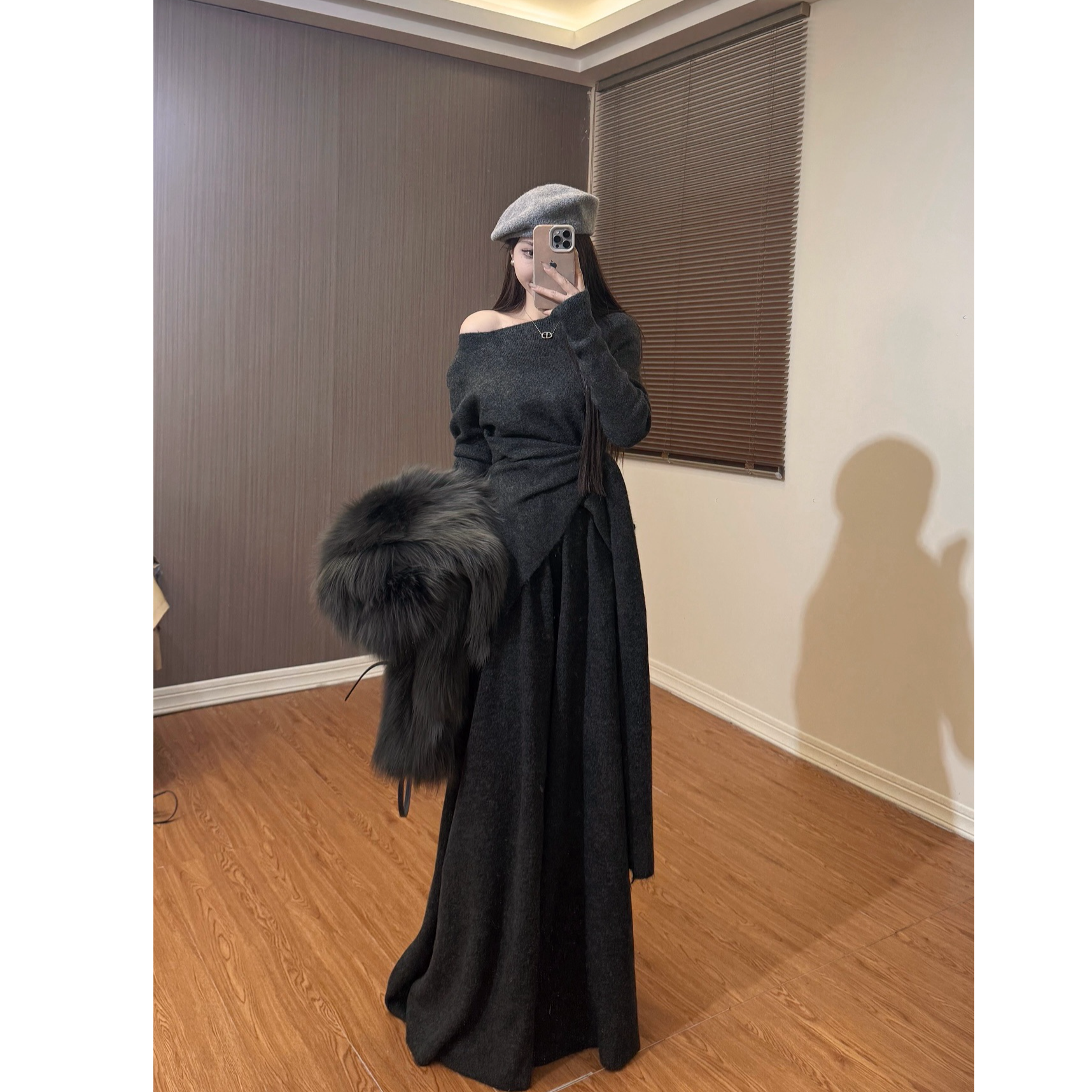 休闲风甜美街头风INS风时尚套装秋冬针织开叉大裙裤套装长袖高腰