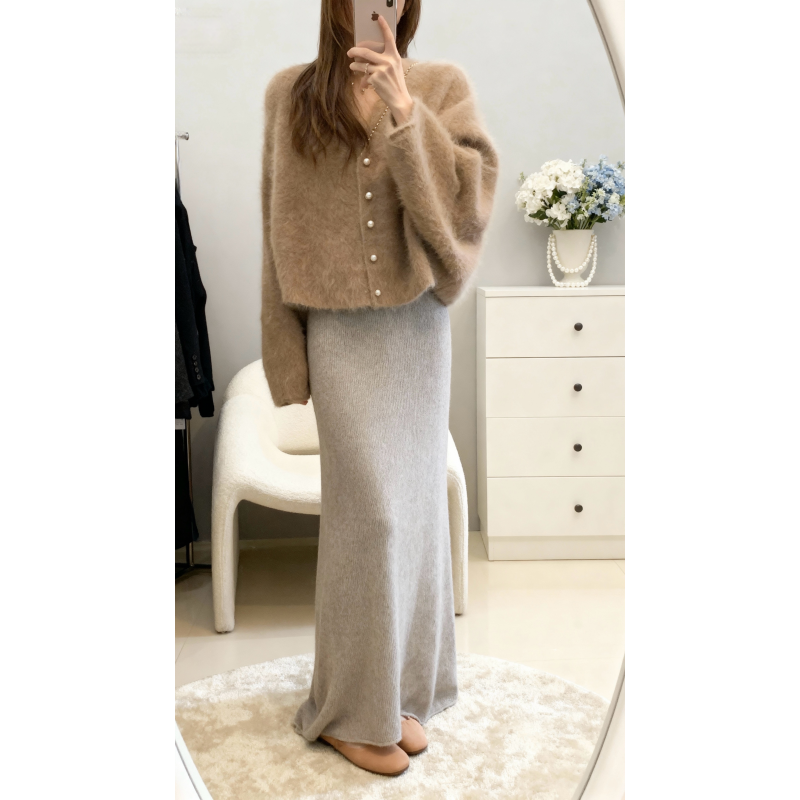 parkyeon韩系复古慵懒毛绒针织开衫外套搭休闲半身裙温柔风套装