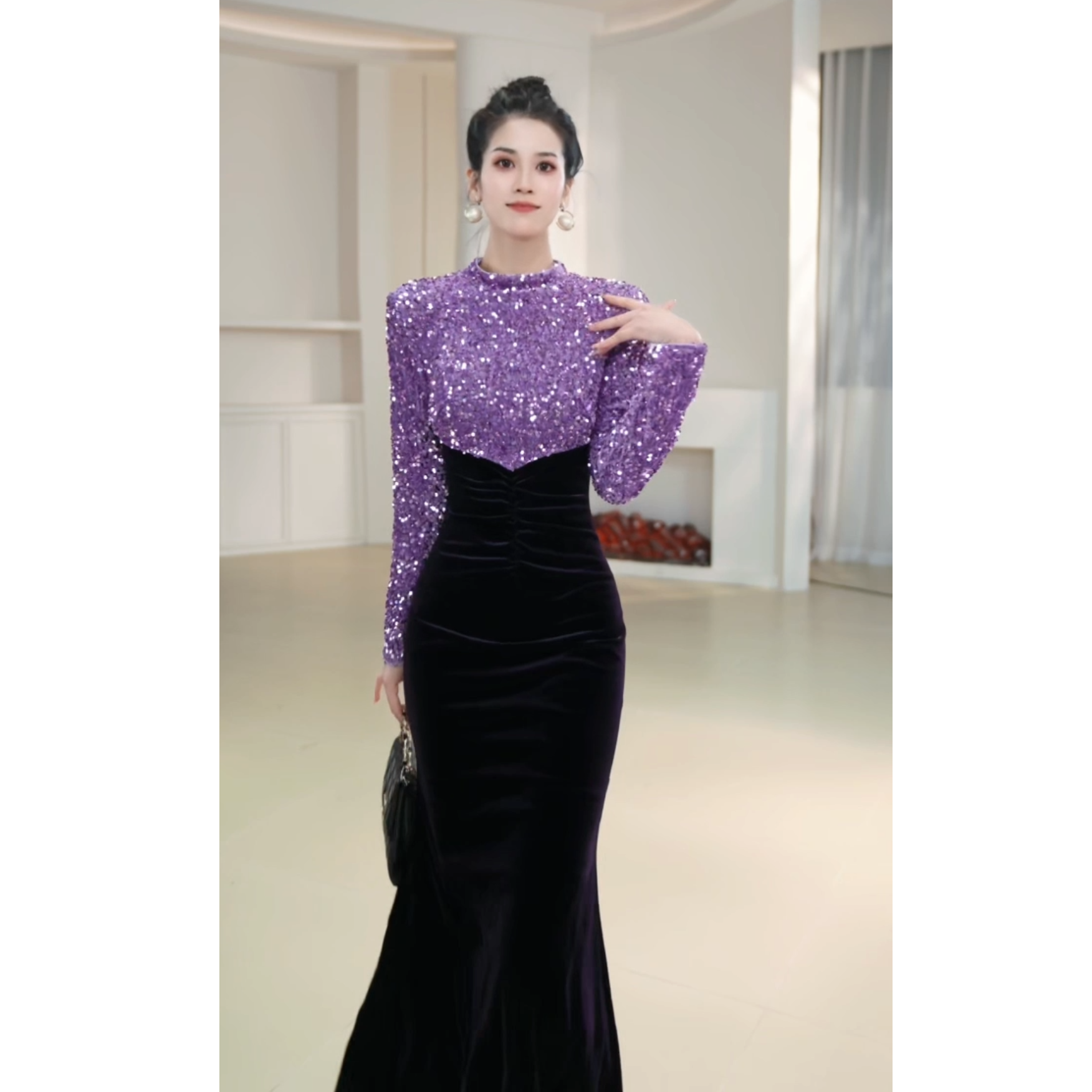 【希希定制/21595】显瘦气质长袖轻奢时尚复古修身宴会连衣裙