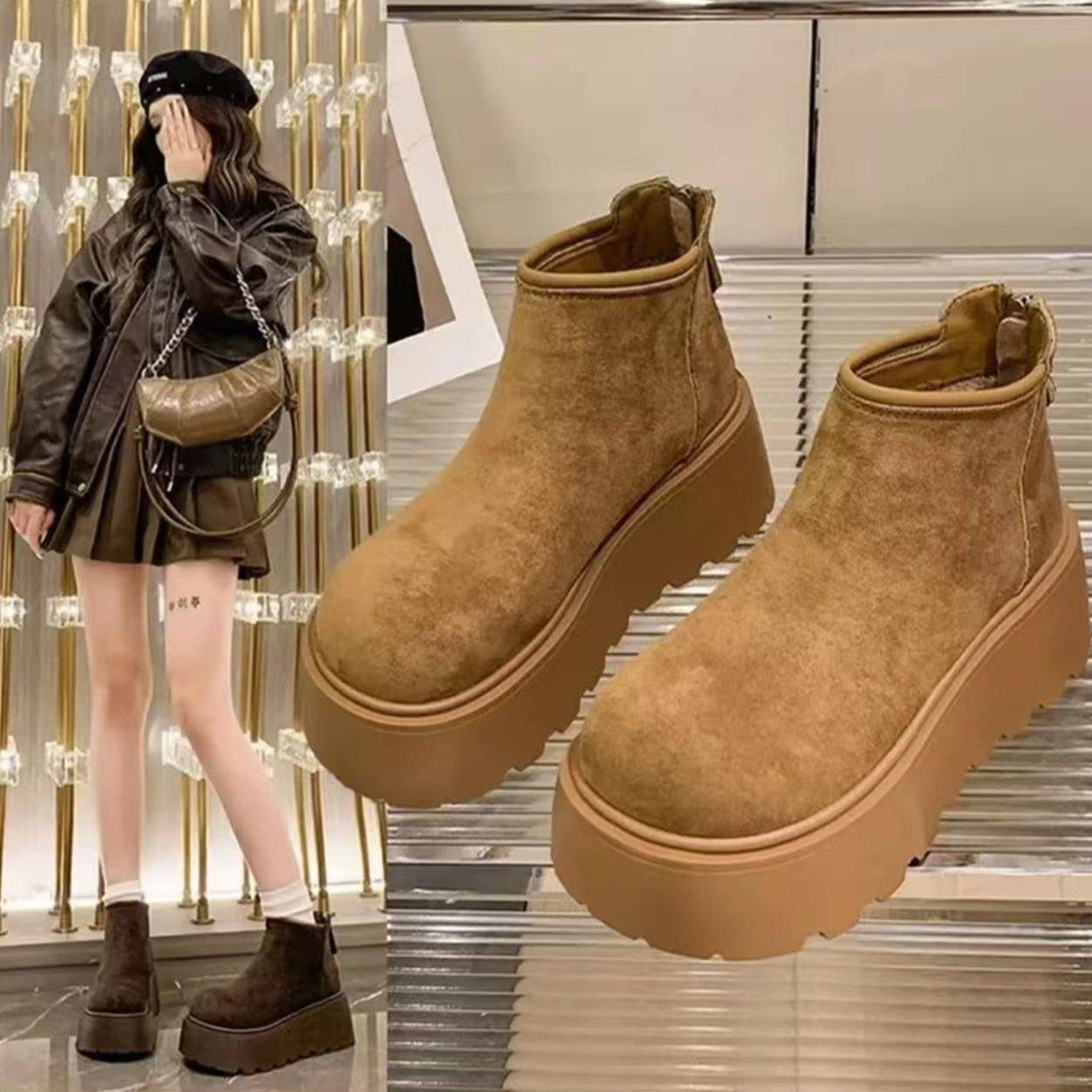 厚底勃肯原创马丁靴女冬季真皮加绒保暖百搭勃肯鞋一脚蹬毛毛鞋