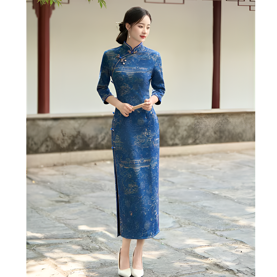 一城山水 中国风复古日常长裙滚边低开衩旗袍气质长袖秋冬优雅