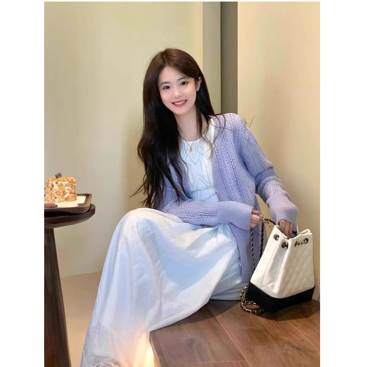 Malena Dream甜美镂空针织开衫+法式茶歇气质白色连衣裙