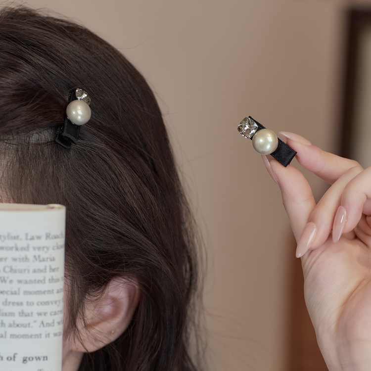 小号珍珠侧边鸭嘴夹蝴蝶结发卡高级感前额碎发夹子水钻迷你刘海夹