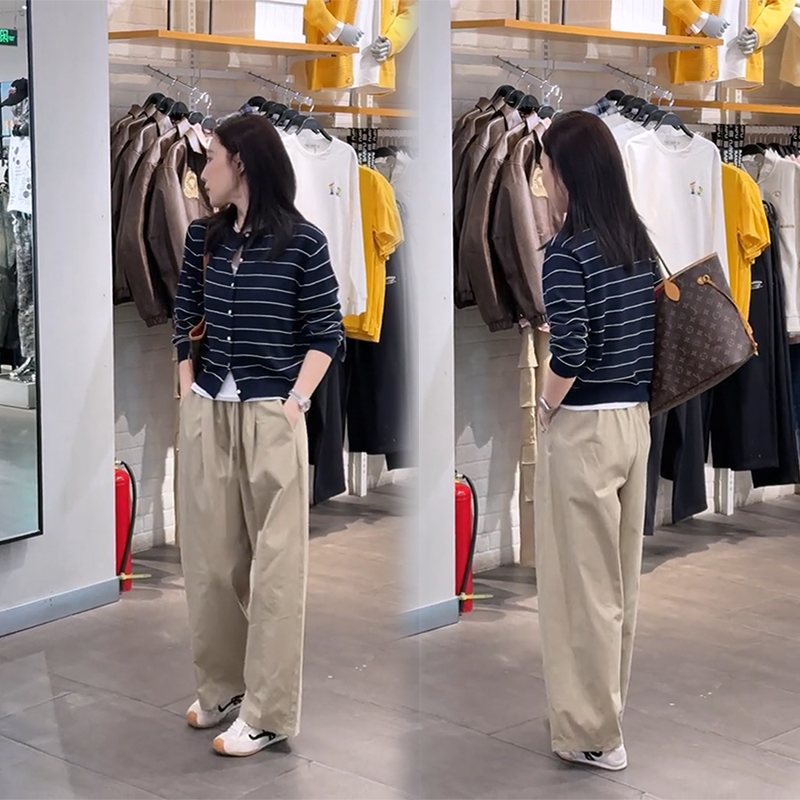 秋季通勤时尚百搭条纹外套上衣女小个子洋气直筒宽松休闲裤两件套
