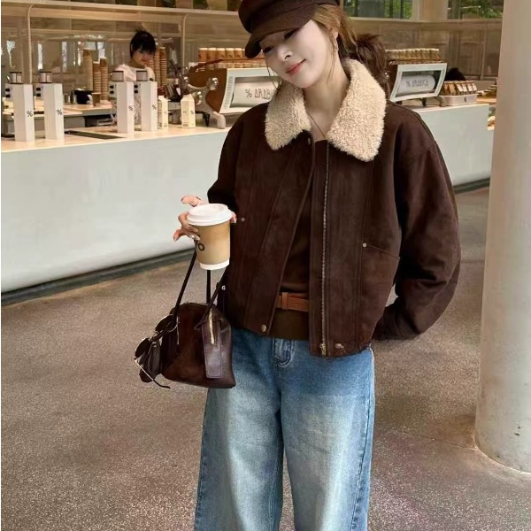 拉夏贝尔拼接翻领鹿皮绒外套女2025秋冬新款时尚百搭夹棉加厚上衣