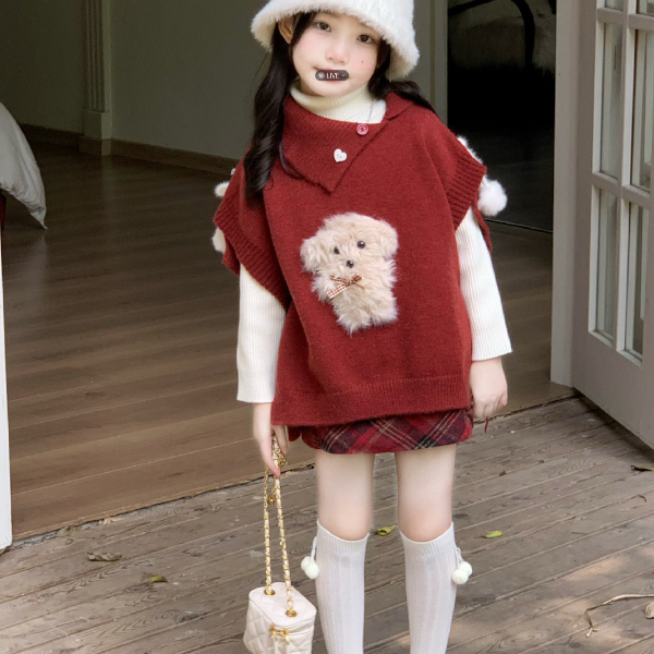 2025秋冬新款女童套装儿童圣诞红色小狗毛衣马甲宝宝毛呢短裙套装