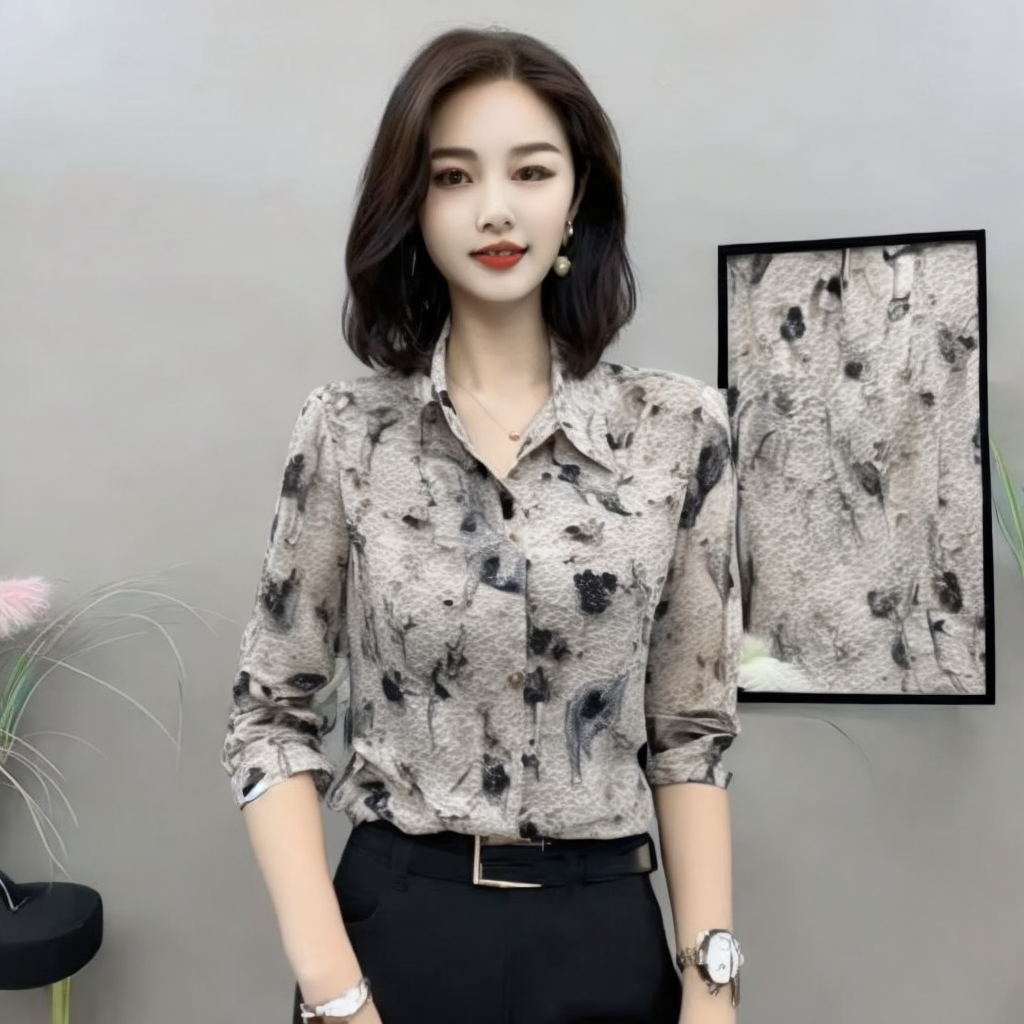 【现货】2025新款夏季七分袖碎花显瘦时尚小衫女套头宽松印花衬衫女