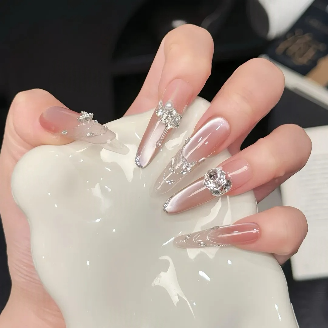 【荔枝玫瑰】清冷感满钻显白纯手工穿戴美甲中长款裸色高定猫眼甲片
