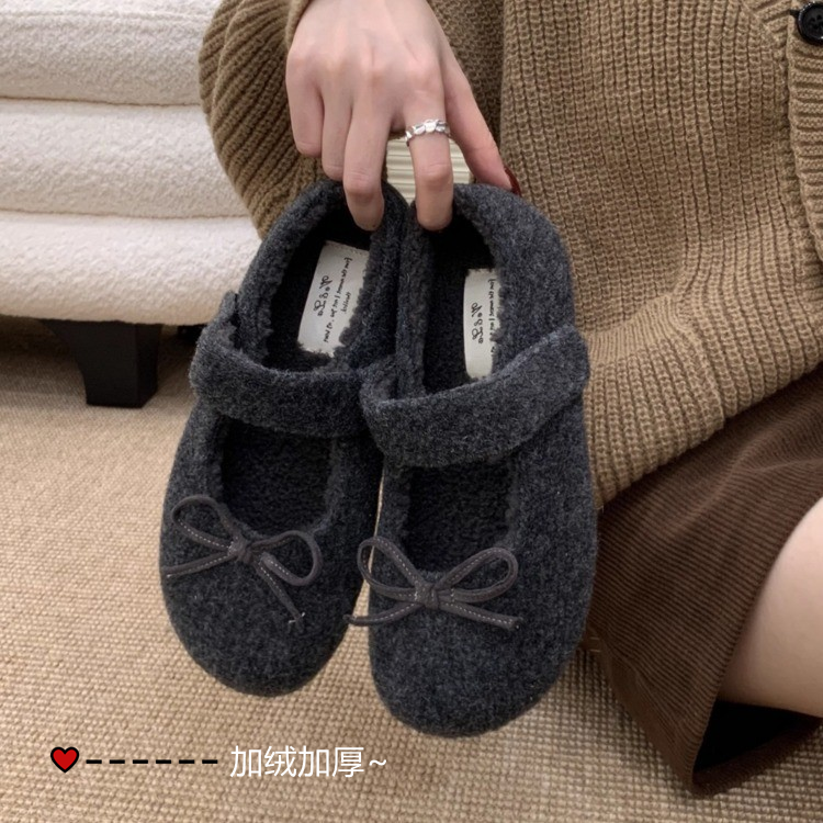 冬日的单鞋～miu系甜心~蝴蝶结平底玛丽珍加绒毛毛鞋单鞋女芭蕾鞋